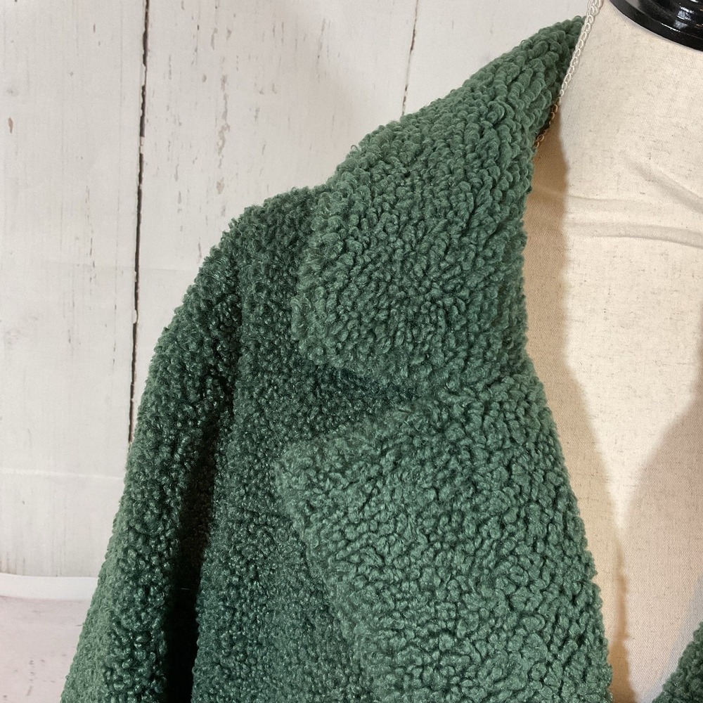 Monrow Teddy Coat Women L Green Faux Fur Sherpa Mid Length Chic Edgy Mob Wife - Picture 8 of 15